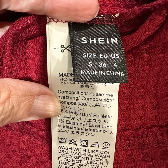 SHEIN Red Frenchy Lace Spliced Long Sleeve Waffle Top - Picture 9 of 10